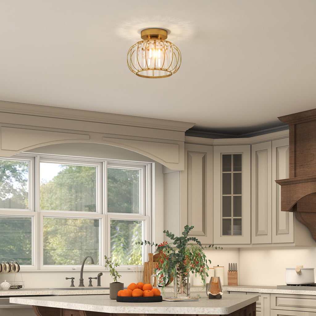 Plafoniera LED Oro con 18 Cristalli e Design a Gabbia
