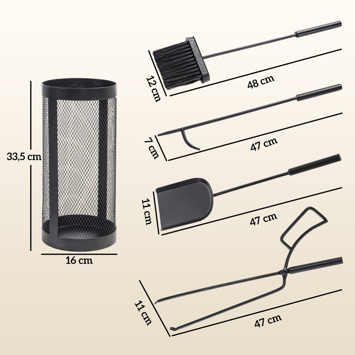 Set Utensili per Camino 5 Pezzi in Metallo con Supporto
