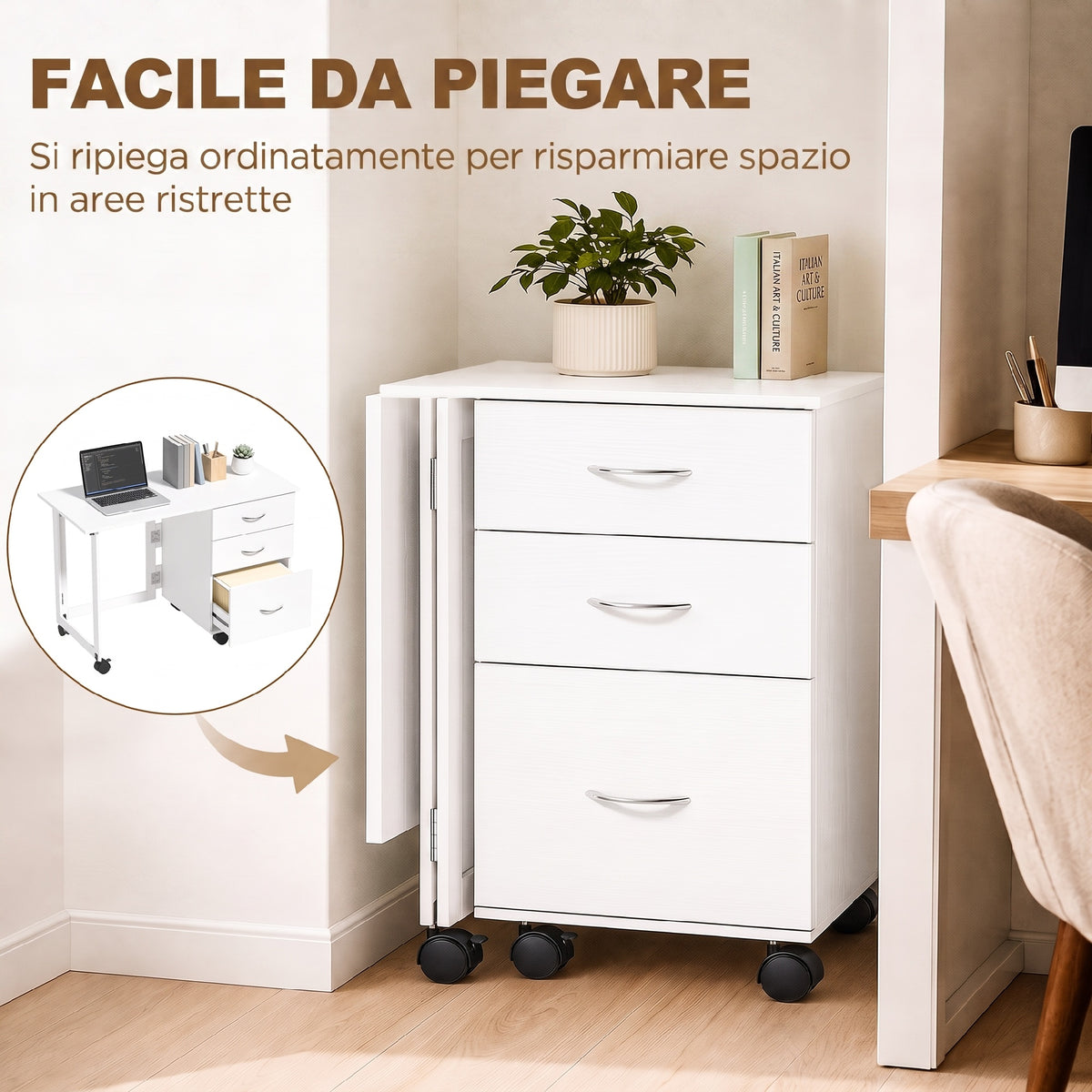 Scrivania Pieghevole Bianca con 3 Cassetti e Ruote