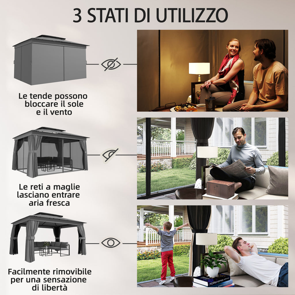 Gazebo da Giardino 3,8 x 3 m con Doppio Tetto e Tende Laterali
