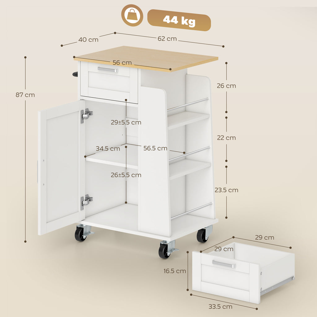 Carrello da Cucina Bianco con Portaspezie e Portasciugamani