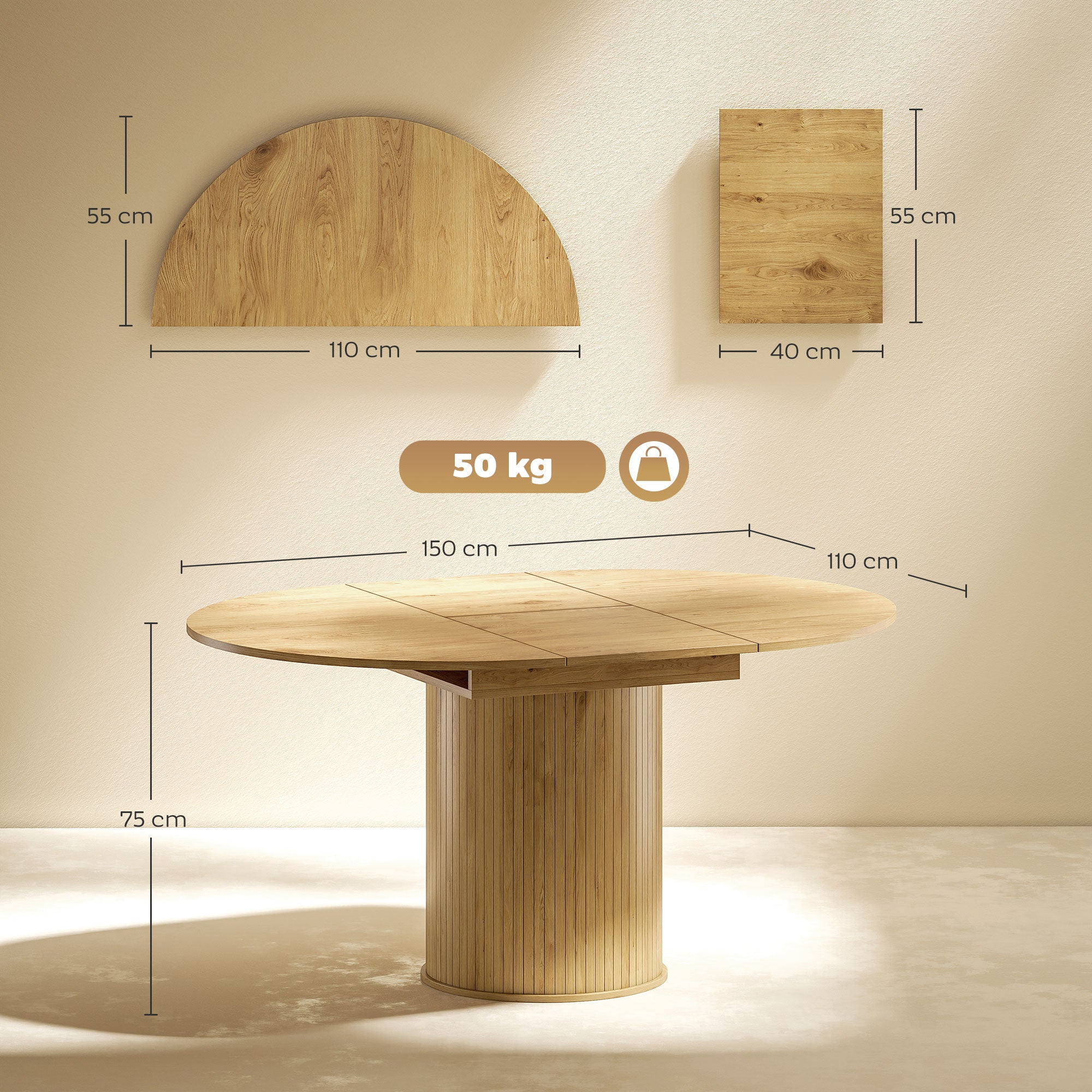 Tavolo da Pranzo Espandibile Rotondo/Ovale per 6-8 Persone con Base a Piedistallo