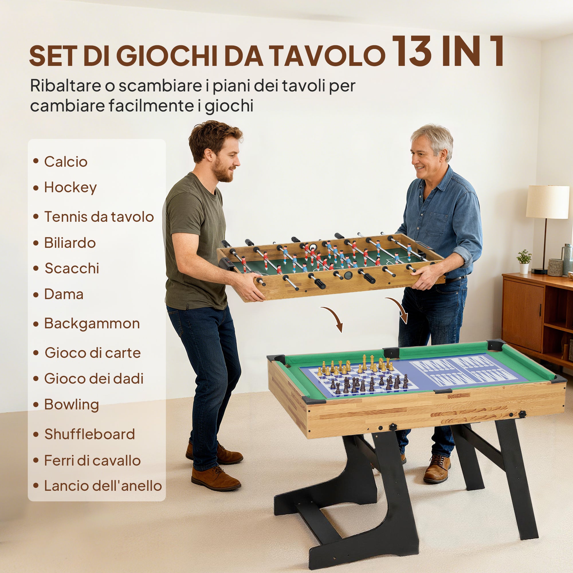 Tavolo Multigioco 13 in 1 Pieghevole con Calcio Balilla, Ping Pong, Biliardo e Hockey