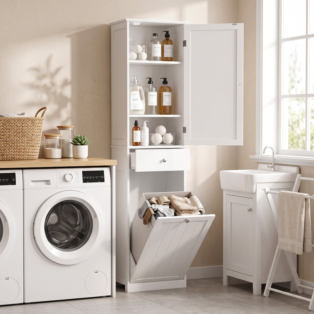 Mobile Bagno a Colonna 180 cm con Cesto Portabiancheria