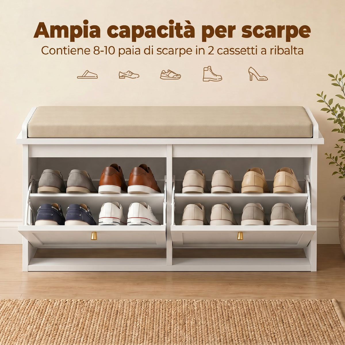 Panca Portascarpe Ingresso con Cuscino e 2 Cassetti