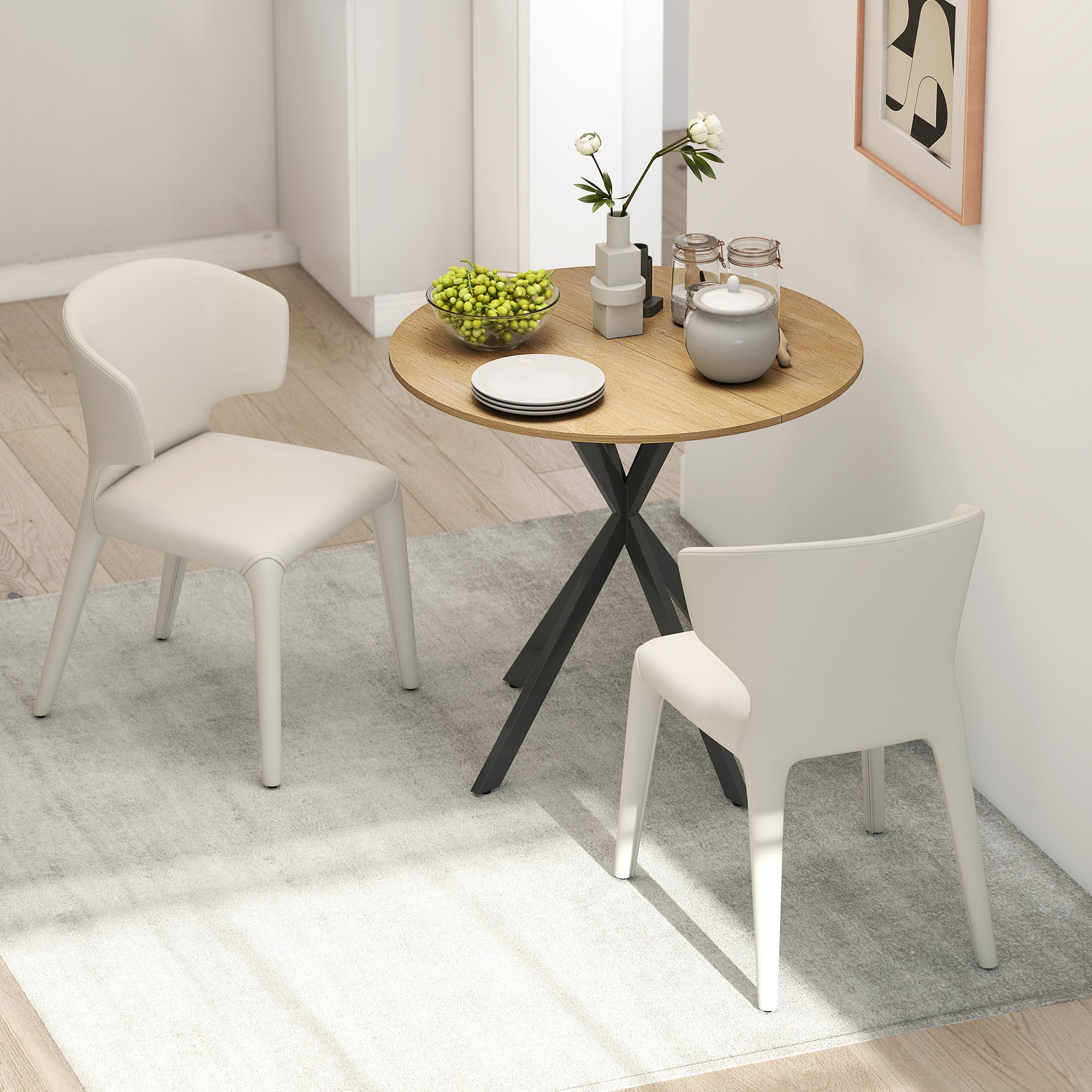 Tavolo da Pranzo Rotondo Stile Industriale con Gambe a Croce Effetto Quercia