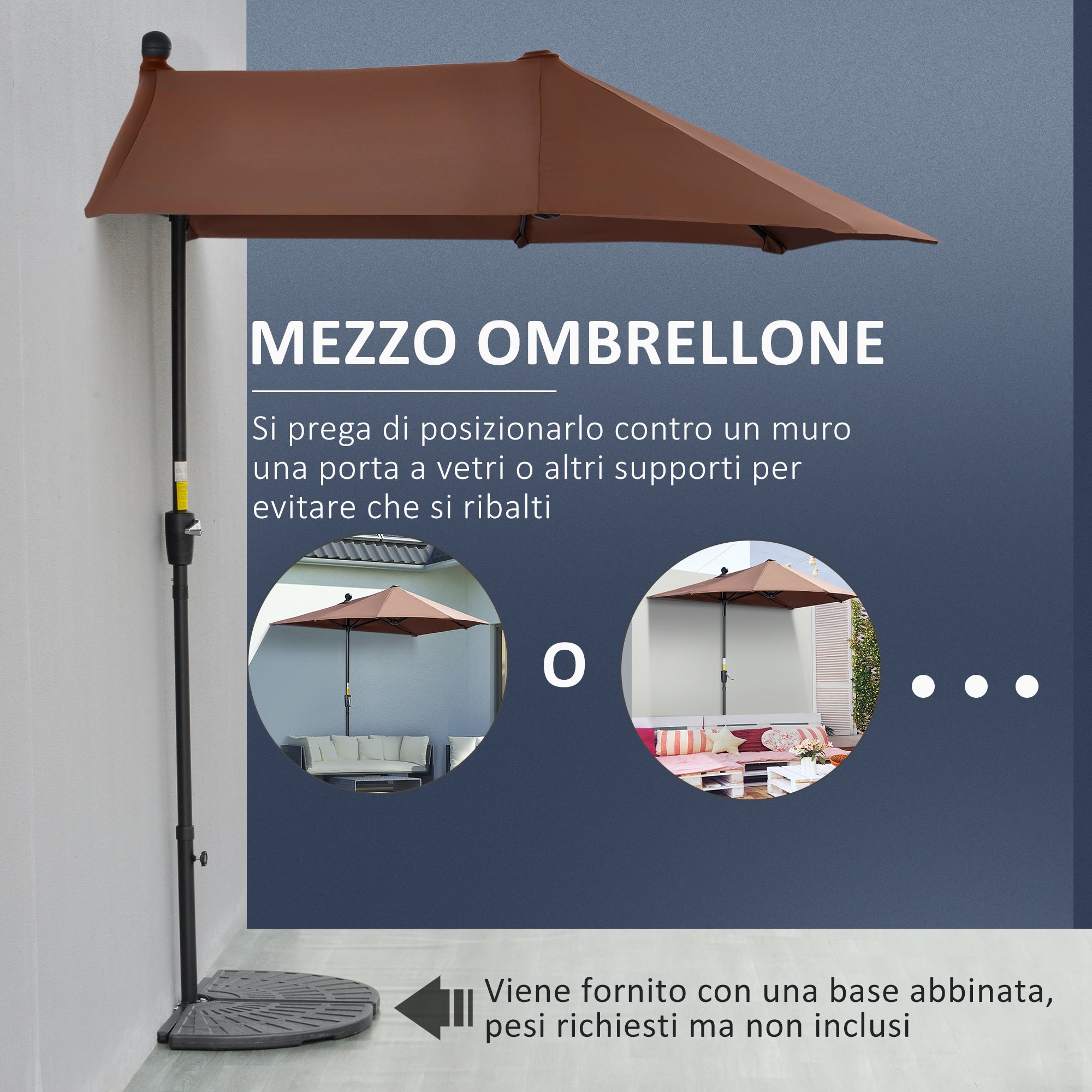 Ombrellone da Balcone Mezzaluna 2 m con Manovella e Base Inclusa
