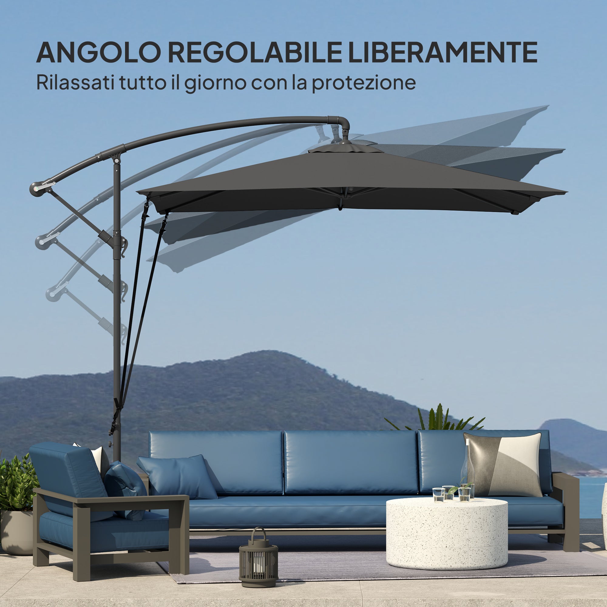 Ombrellone Decentrato da Giardino 2,47 x 2,47 m con Base a Croce e Corde Antivento