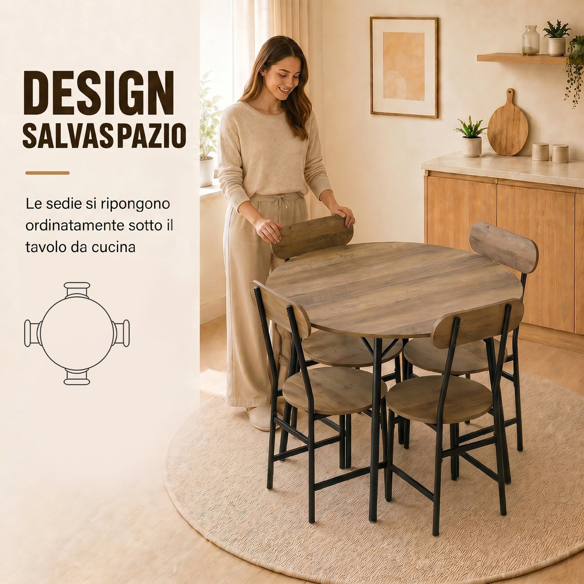 Set da Pranzo Tavolo e 4 Sedie Finitura Naturale