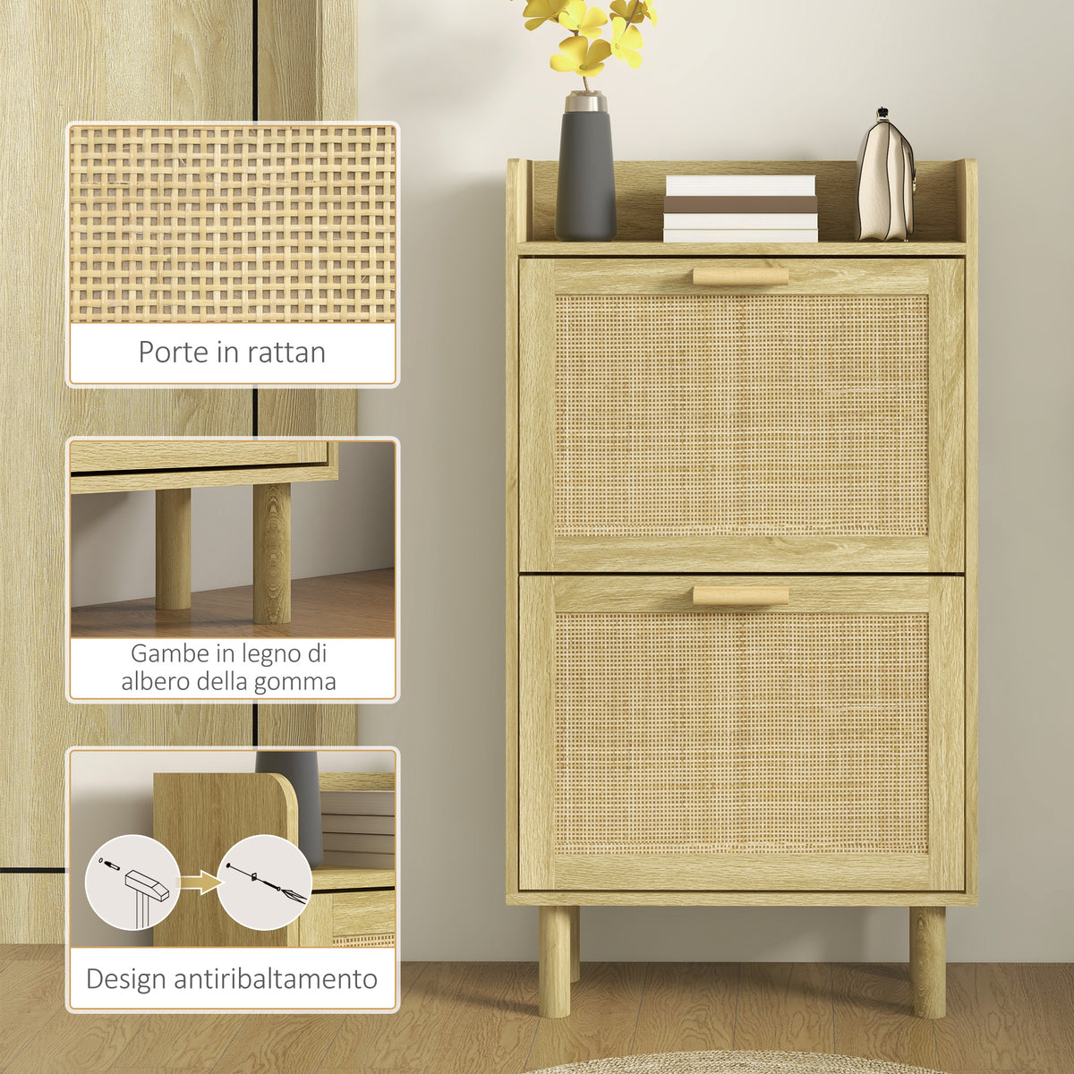 Scarpiera Stretta Rovere con 2 Cassetti Ribaltabili