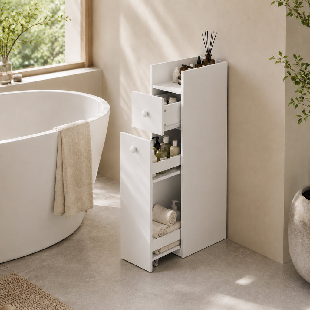 Mobiletto Bagno Salvaspazio Bianco con Cassetti e Ruote