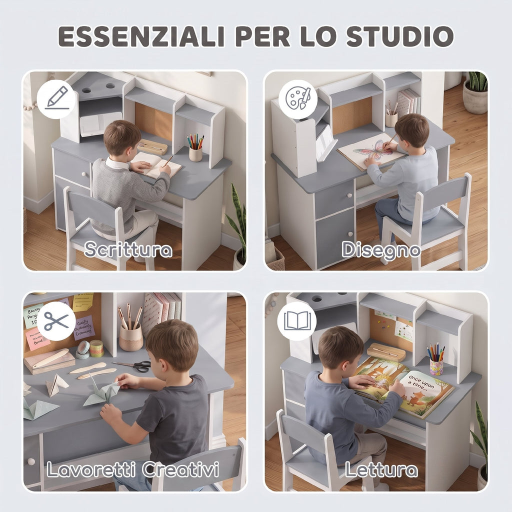 Scrivania Bambini con Sedia e Supporto Tablet