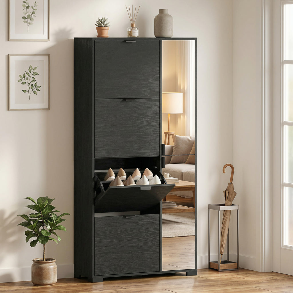Scarpiera Nera con Specchio e 4 Cassetti Ribaltabili