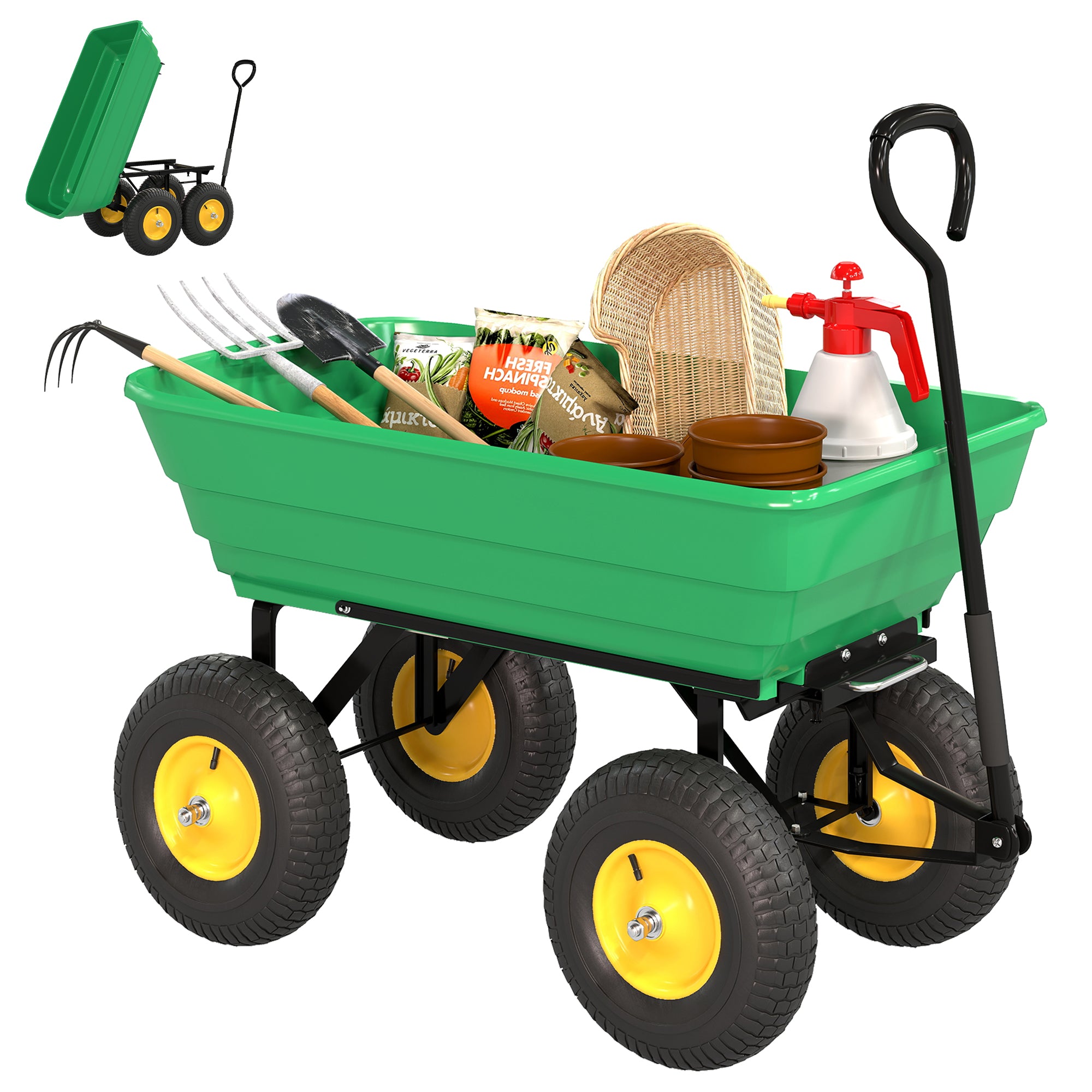 Carrello da Giardino Ribaltabile 75 L con 4 Ruote e Maniglia Regolabile