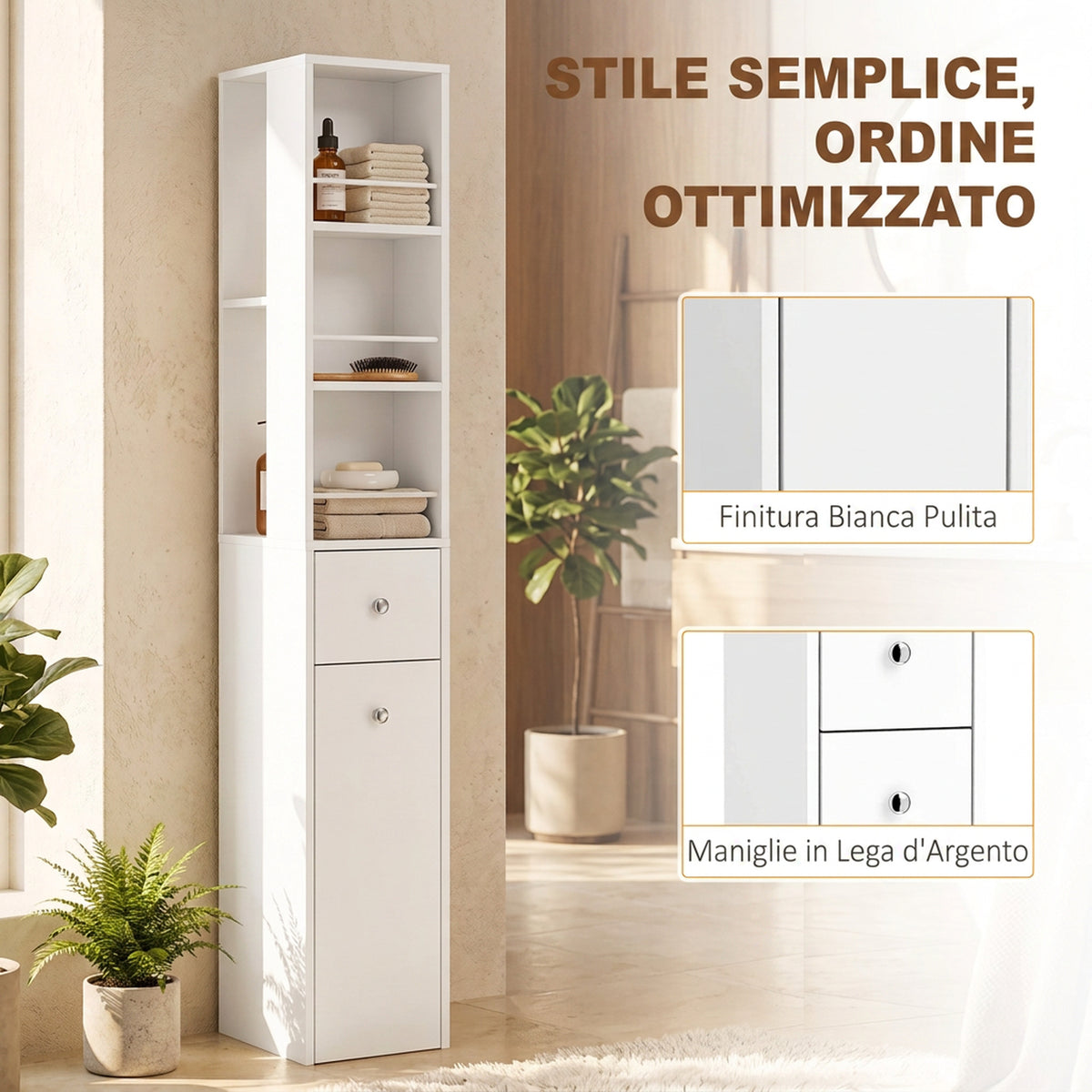 Mobile Bagno Alto Slim Bianco con 2 Cassetti