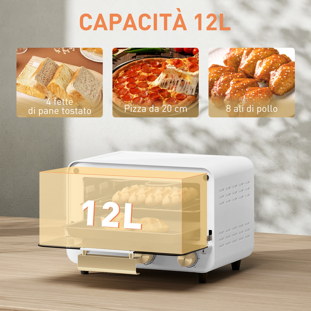 Fornetto Elettrico 12 L con Timer Bianco e Oro