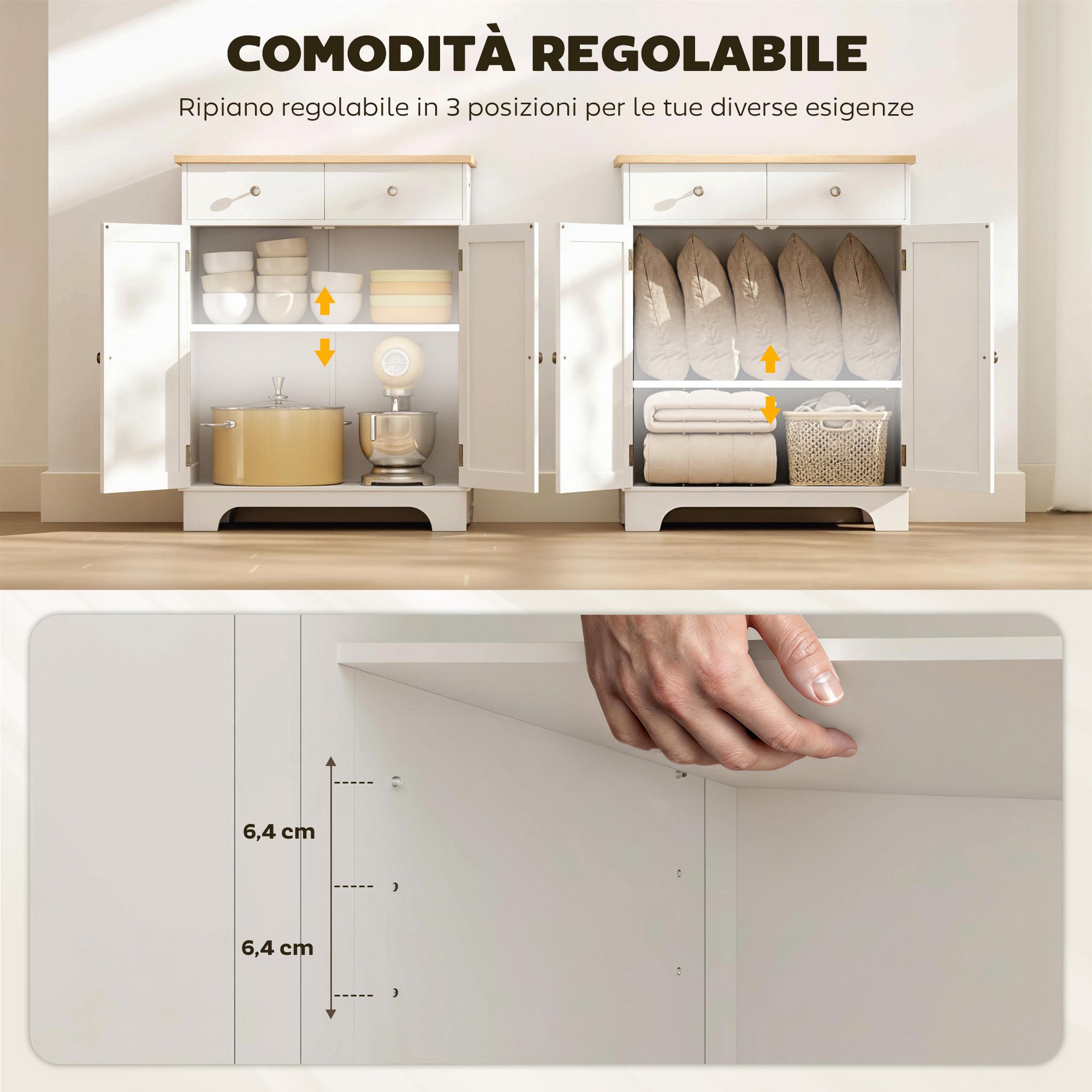 Buffet Multiuso con 2 Cassetti, 2 Ante, Mensola Regolabile e Piano in Legno di Hevea