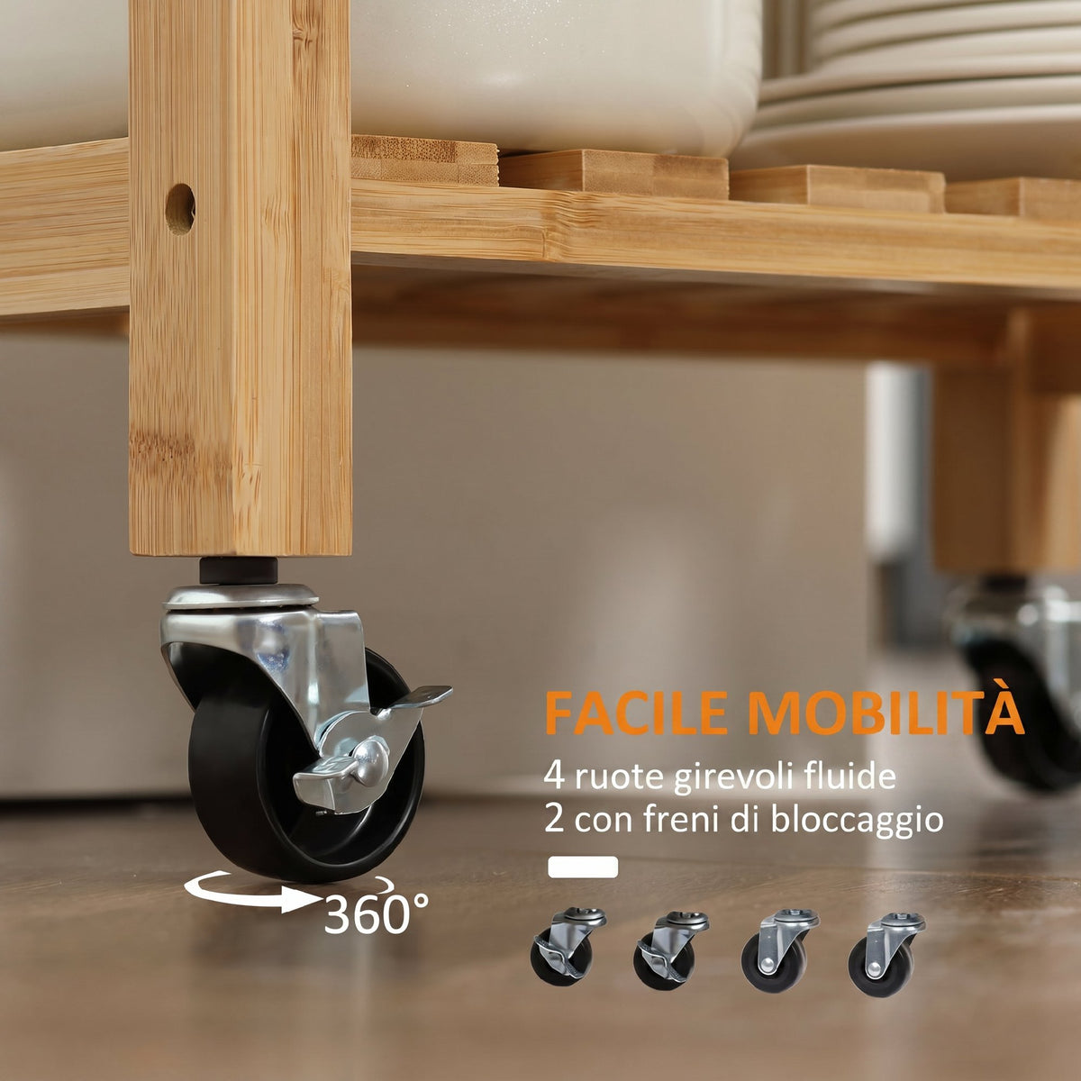 Carrello da Cucina in Bambù con Piano in Acciaio Inox