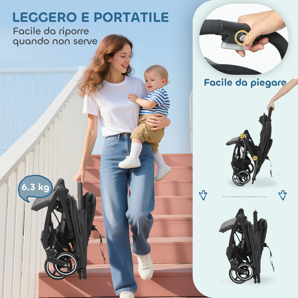 Passeggino Leggero e Pieghevole 0-3 Anni con Schienale Regolabile e Capottina