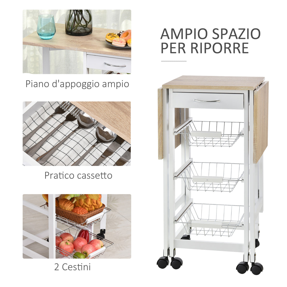 Carrello da Cucina con 3 Cestini e Cassetto