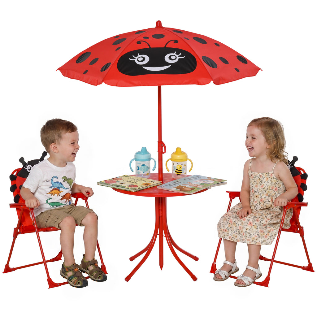 Set Tavolo da Giardino per Bambini con 2 Sedie Pieghevoli e Ombrellone