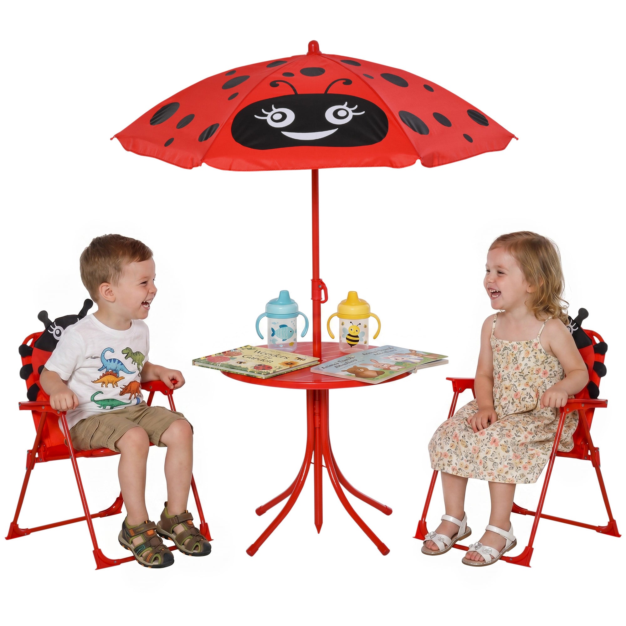Set Tavolo da Giardino per Bambini con 2 Sedie Pieghevoli e Ombrellone