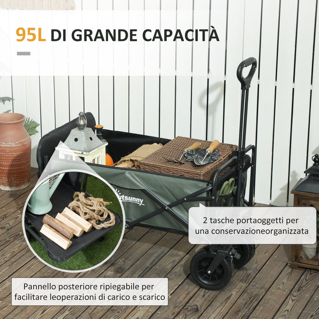 Carrello da Giardino Pieghevole 95 L con Pannello Apribile e Telaio in Acciaio