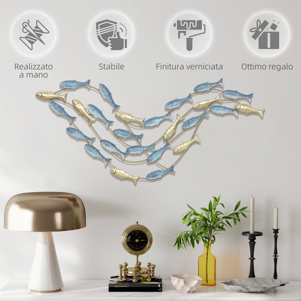 Decorazione Murale Banco di Pesci in Metallo Oro e Blu