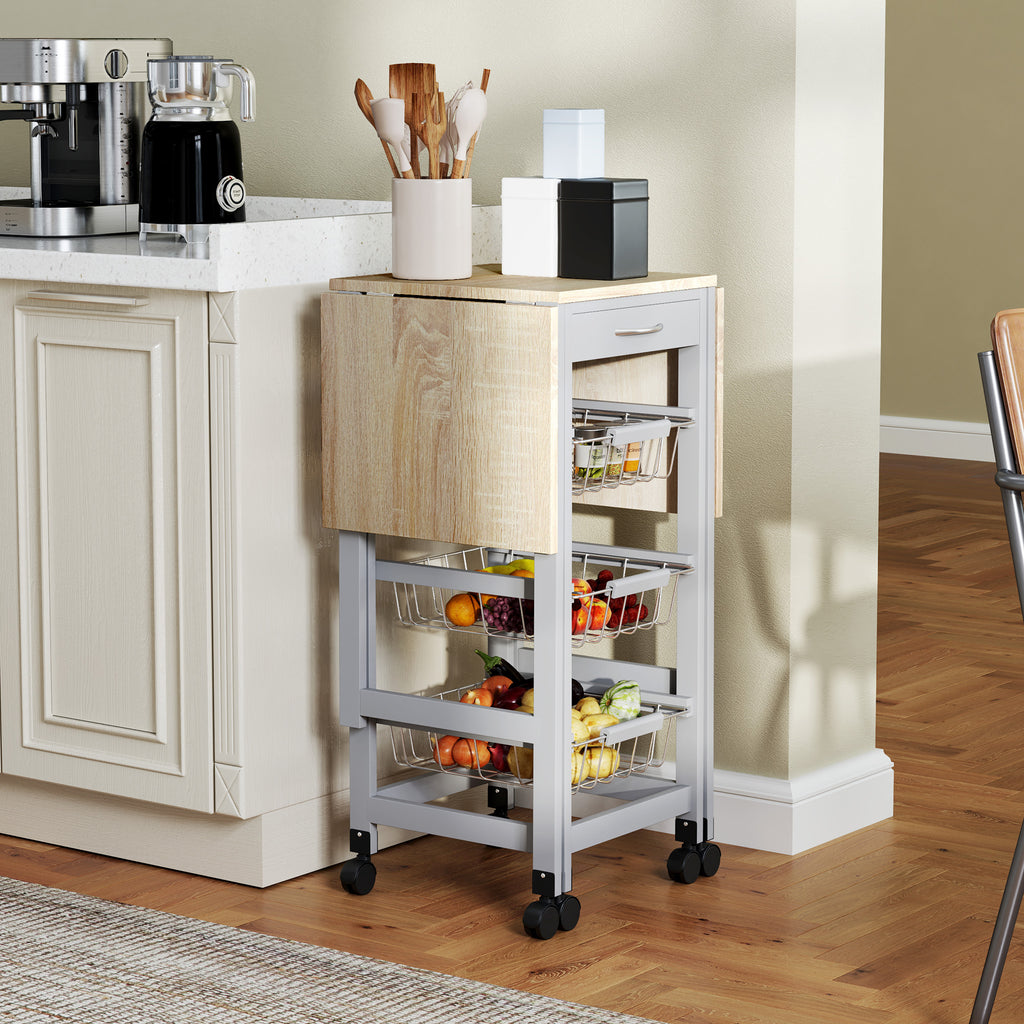Carrello da Cucina Grigio e Rovere con 3 Cestini