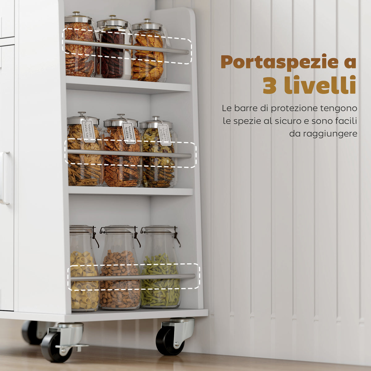 Carrello da Cucina Bianco con Portaspezie e Portasciugamani