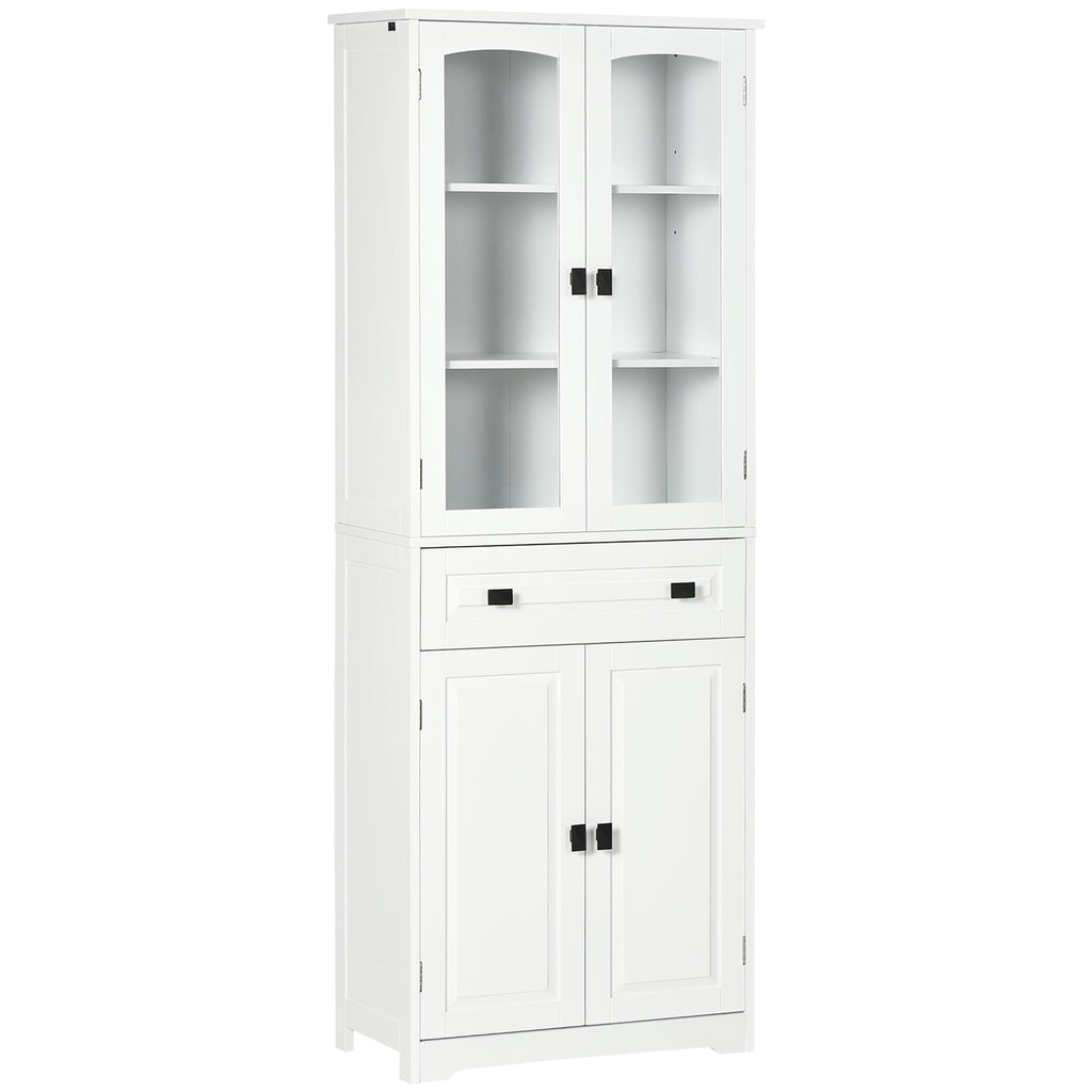 Credenza Alta da Cucina con Ante in Vetro, 2 Armadietti, Cassetto e Ripiani Regolabili