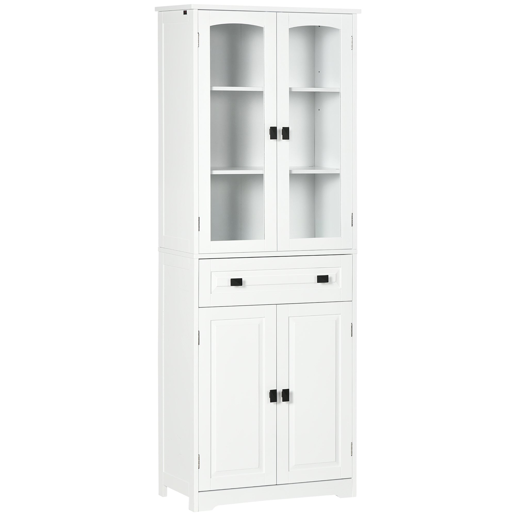 Credenza Alta da Cucina con Ante in Vetro, 2 Armadietti, Cassetto e Ripiani Regolabili