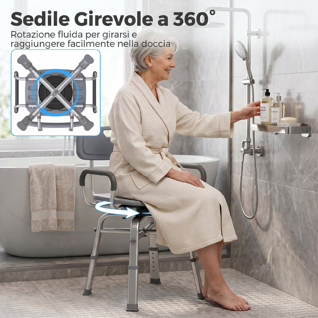 Sedia per Doccia Girevole con Braccioli e Schienale, Altezza Regolabile