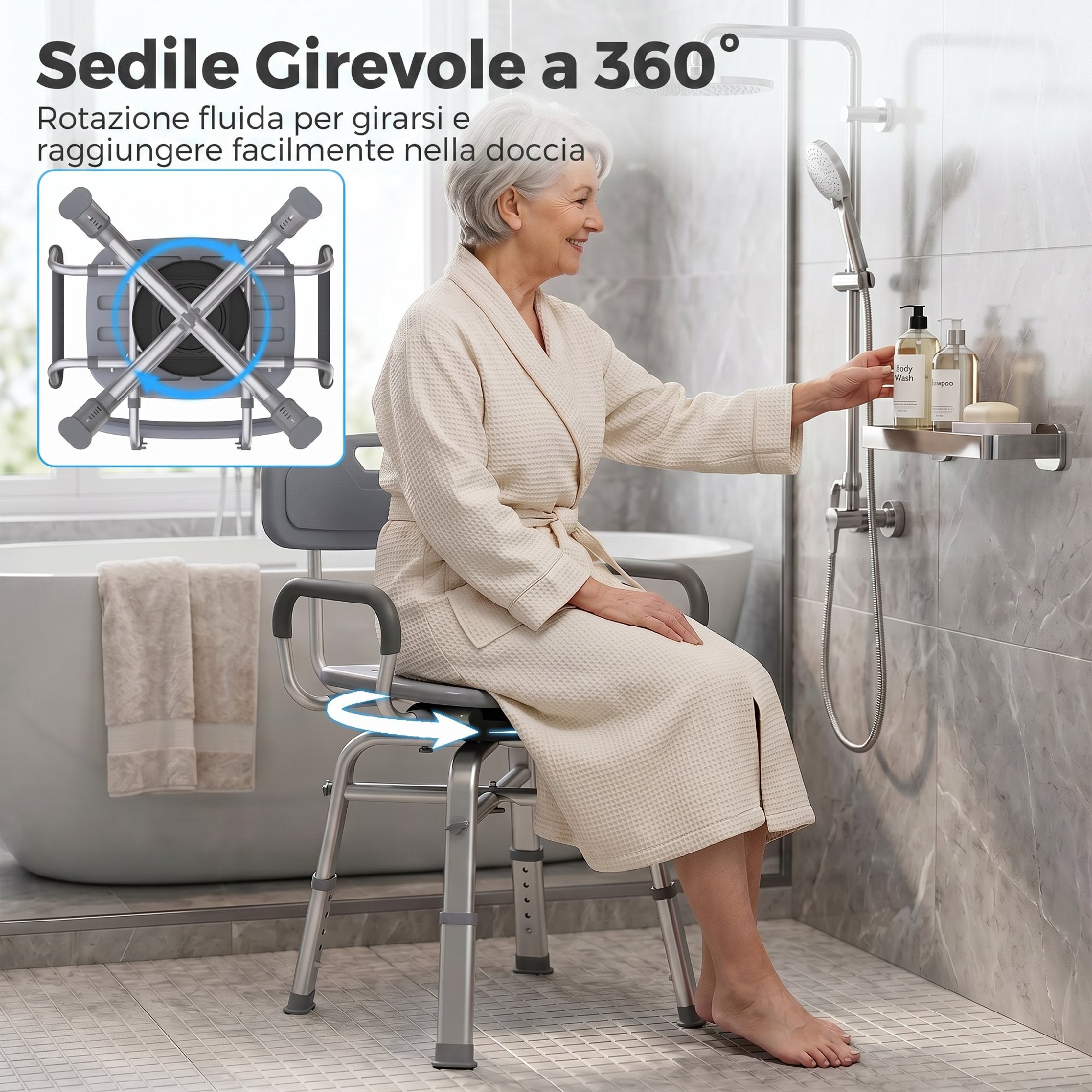Sedia per Doccia Girevole con Braccioli e Schienale, Altezza Regolabile