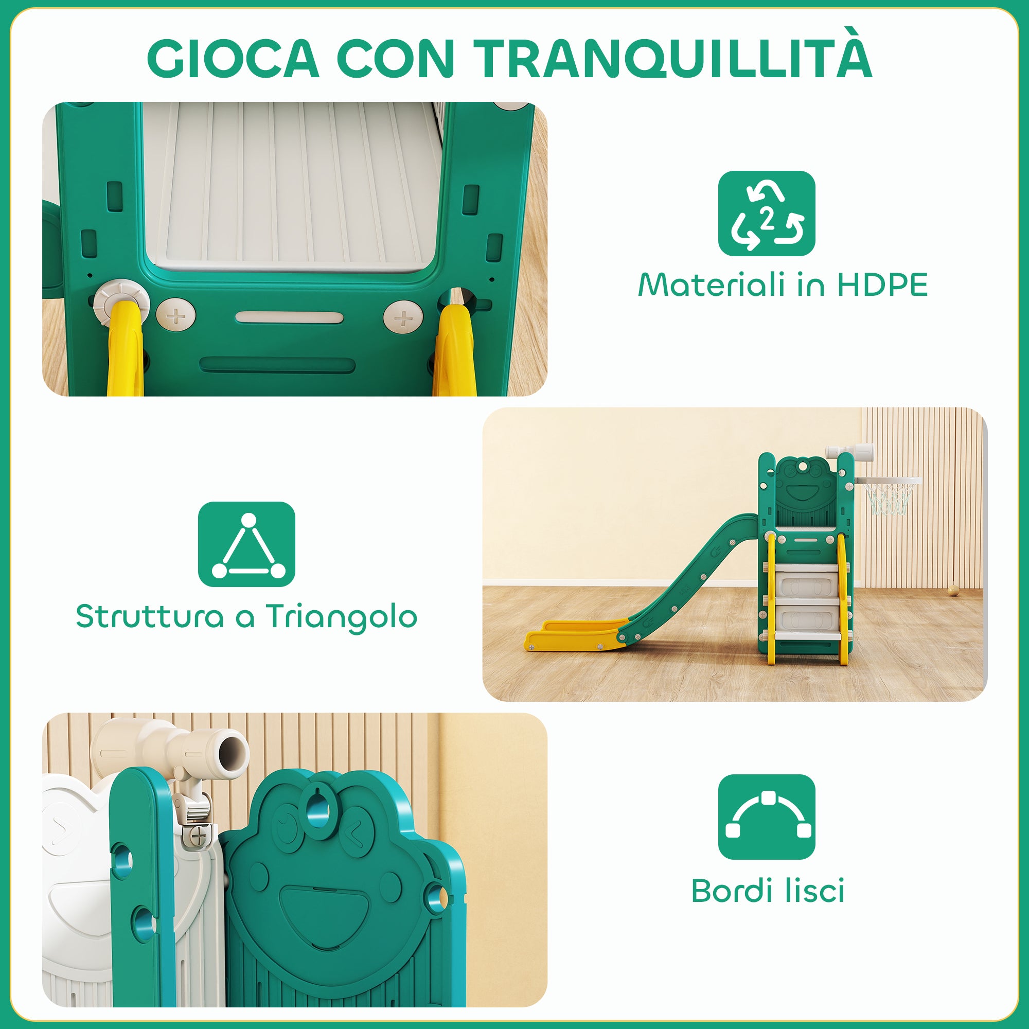 Set Scivolo per Bambini 5 in 1 con Canestro, Scaletta e Telescopio Giallo