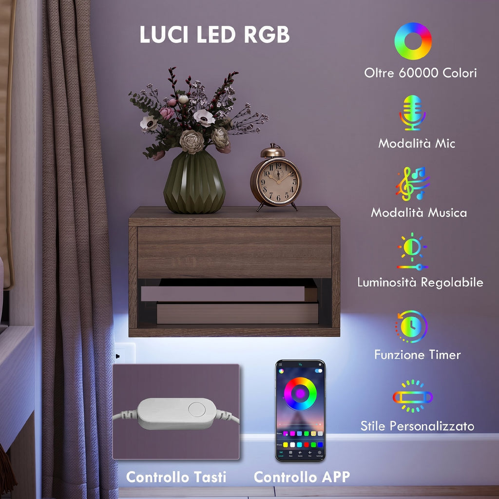 Set 2 Comodini Sospesi con LED RGB e Cassetto