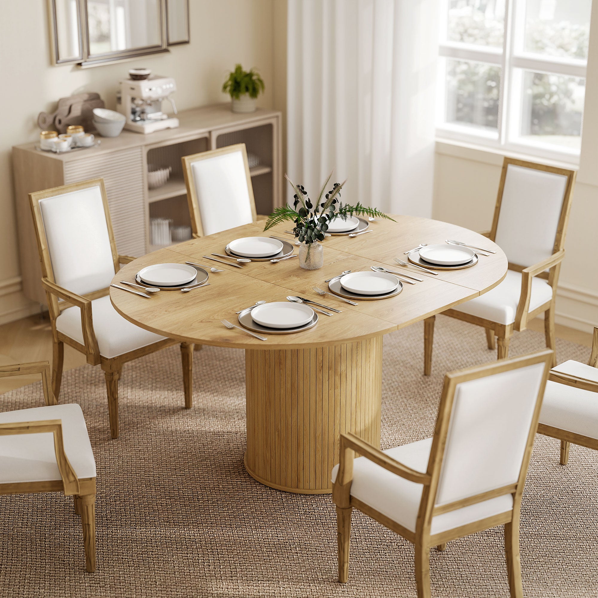 Tavolo da Pranzo Espandibile Rotondo/Ovale per 6-8 Persone con Base a Piedistallo