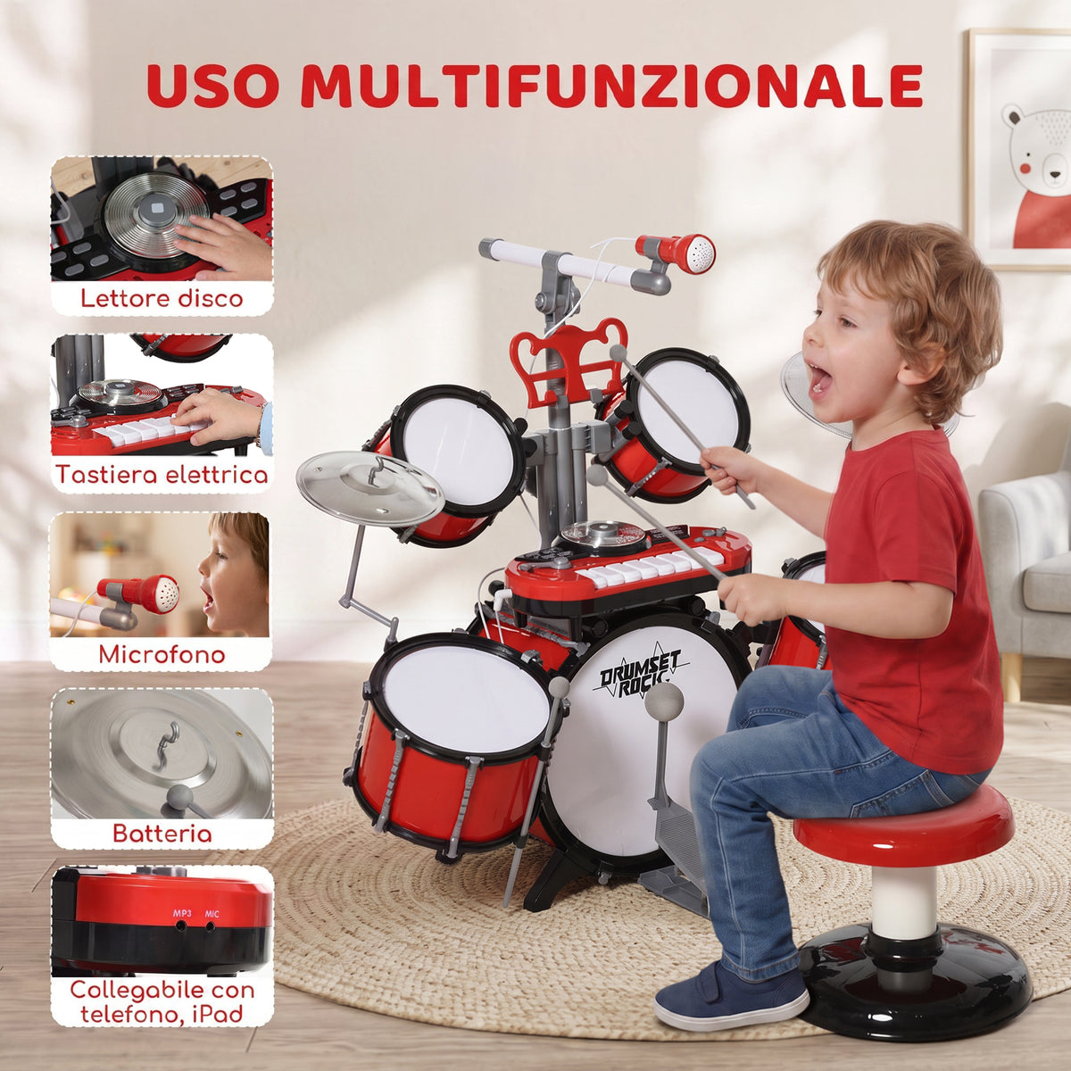 Batteria Giocattolo per Bambini con Microfono