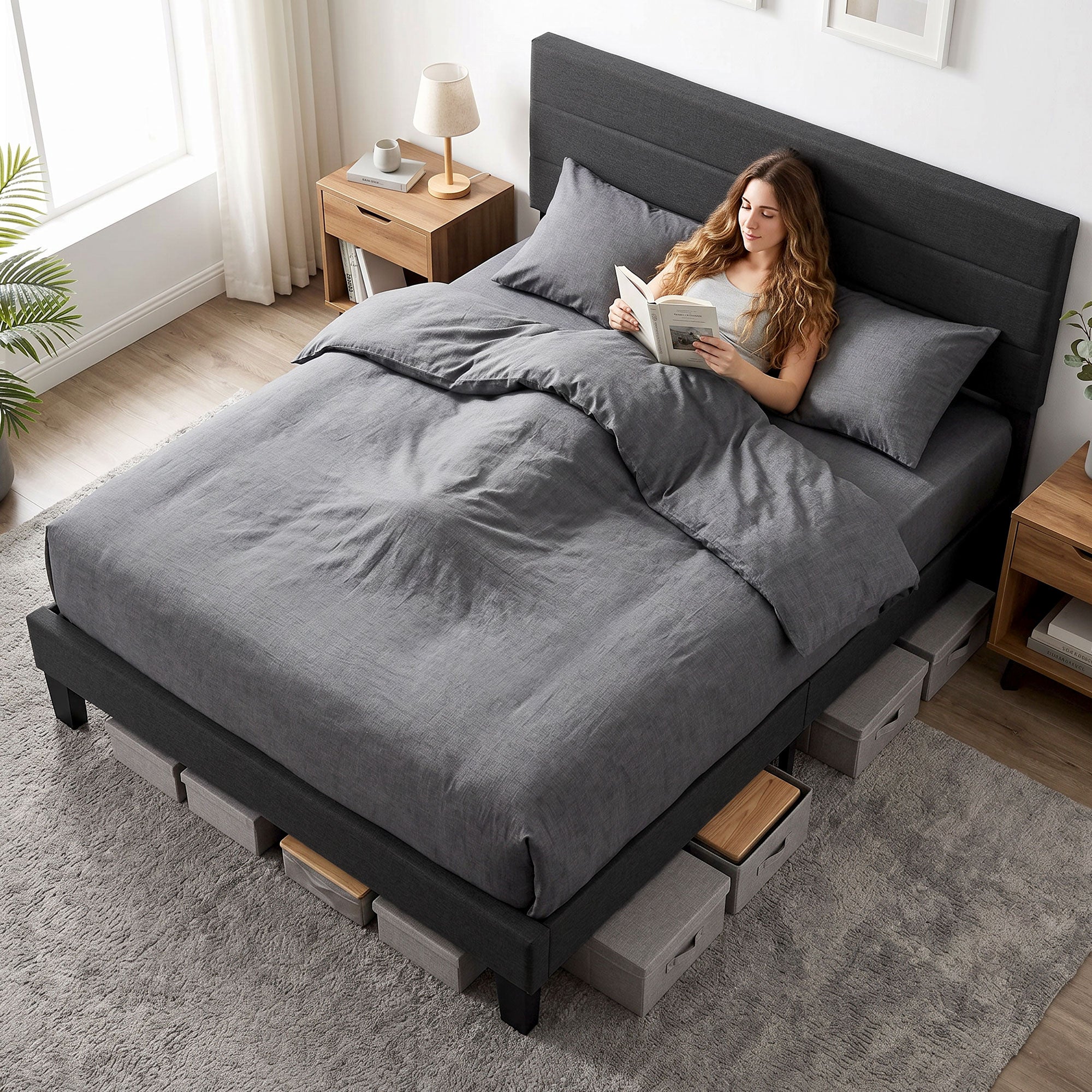 Letto Matrimoniale in Tessuto Effetto Lino con Testiera Regolabile Nero