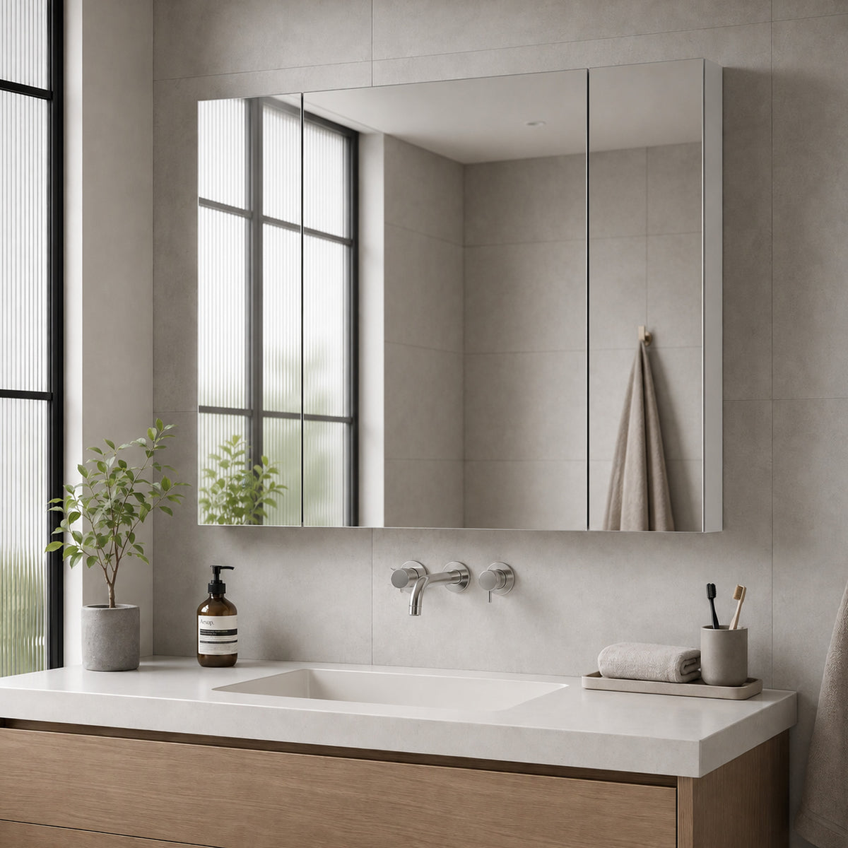 Specchio Bagno Contenitore LED 90 cm con Ripiani