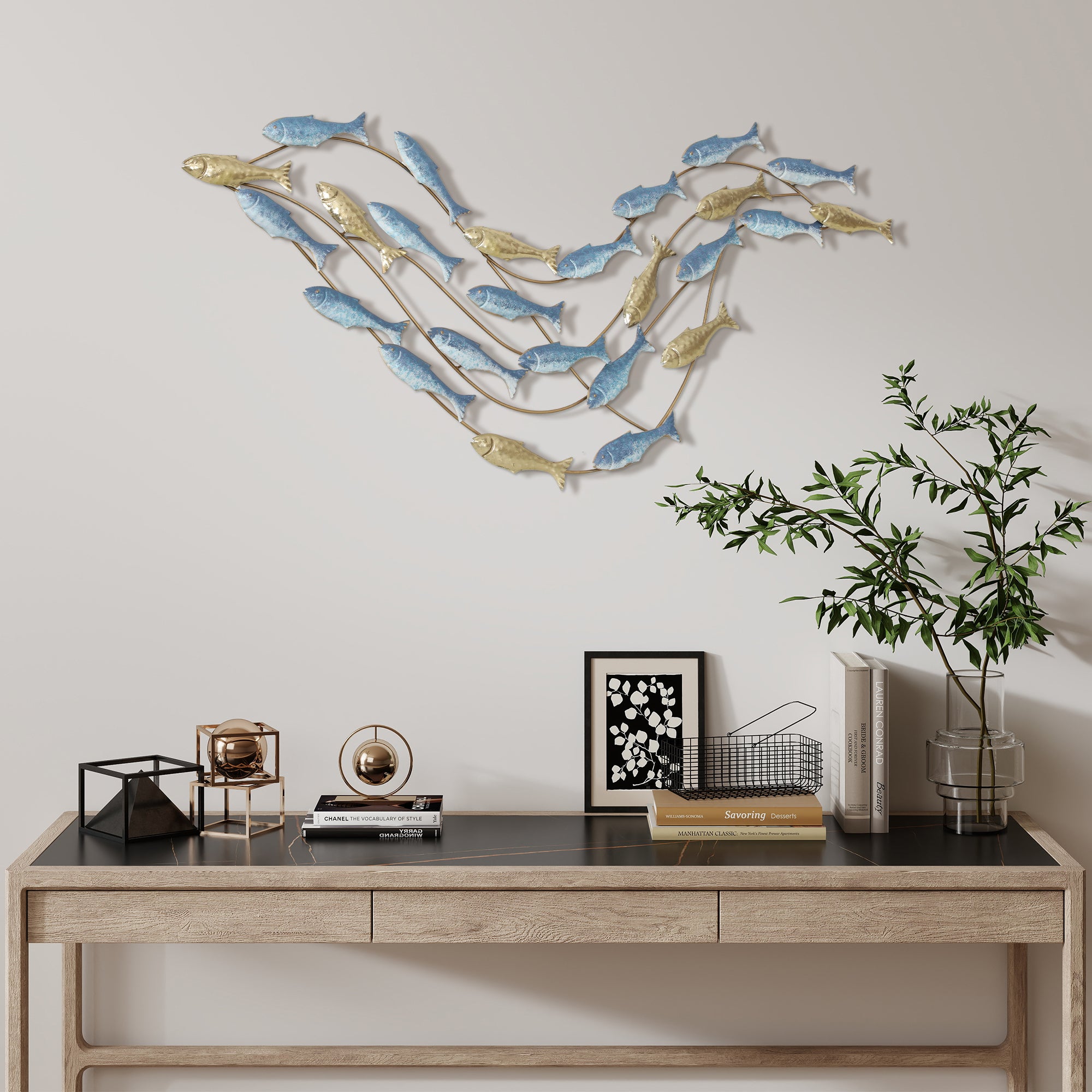 Decorazione Murale Banco di Pesci in Metallo Oro e Blu