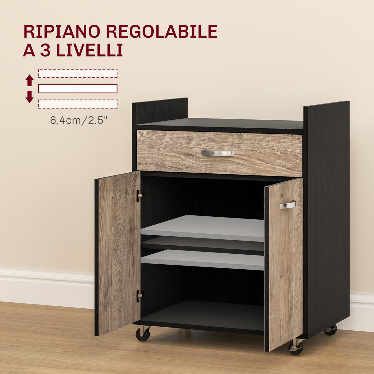 Carrello da Cucina Nero con Cassetto e Armadietto