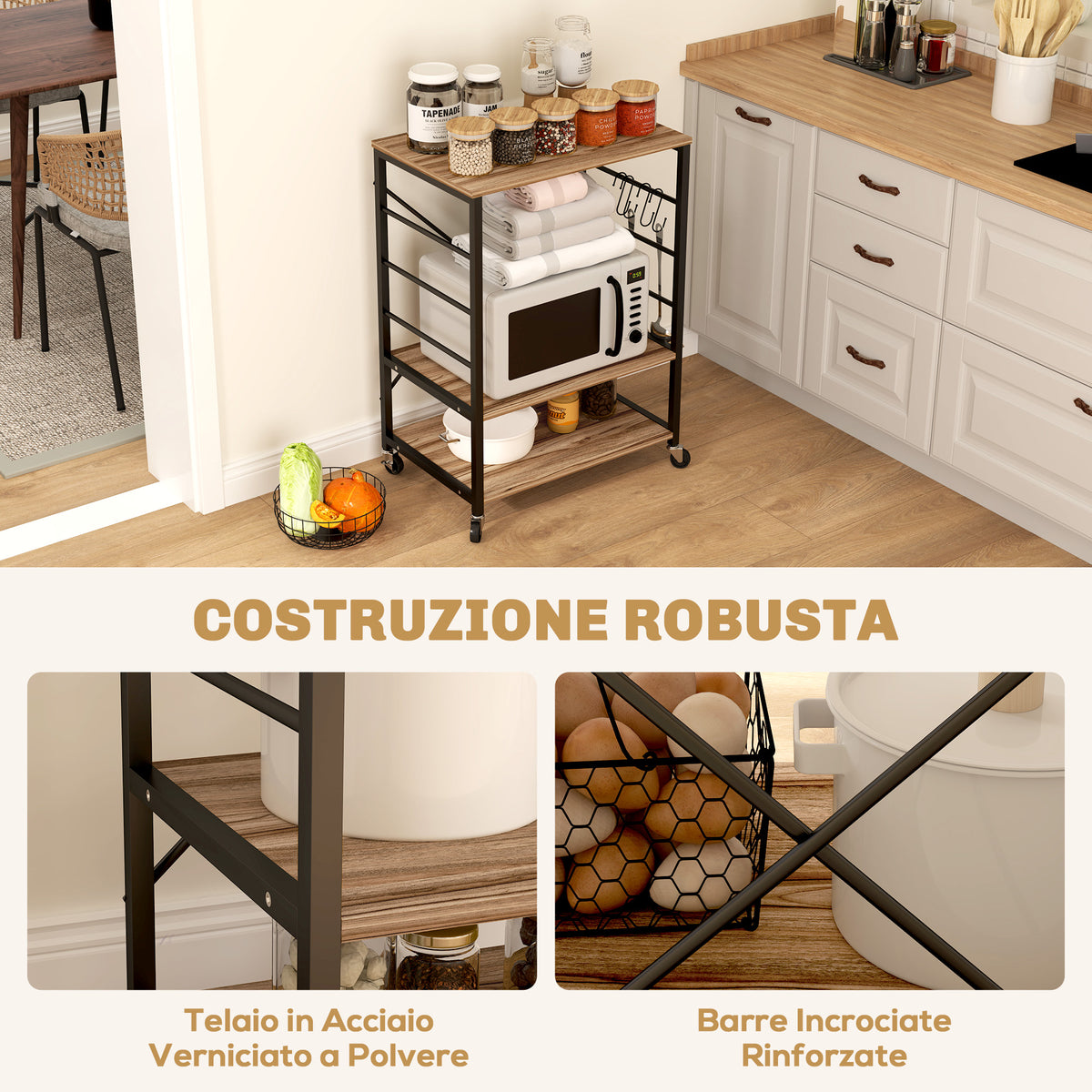 Scaffale da Cucina Industriale con Ruote e 4 Ganci