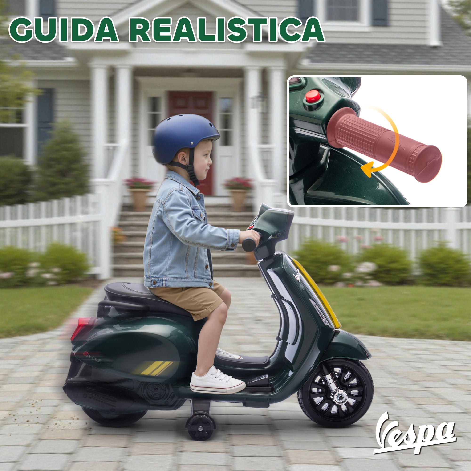 Moto Elettrica Vespa con Licenza Ufficiale 6V per Bambini 2-6 Anni Verde Scuro