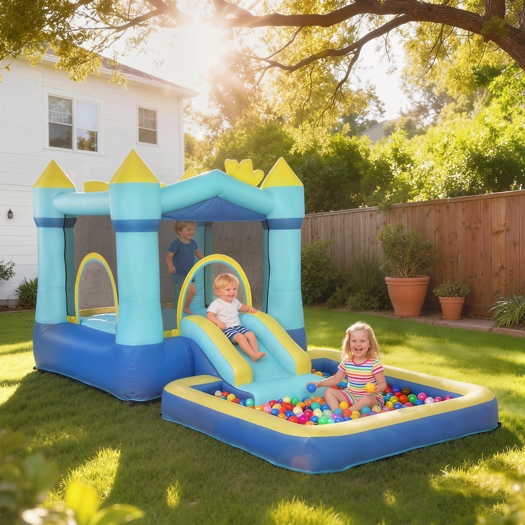 Castello Gonfiabile per Bambini con Scivolo, Trampolino, Piscina e Canestro