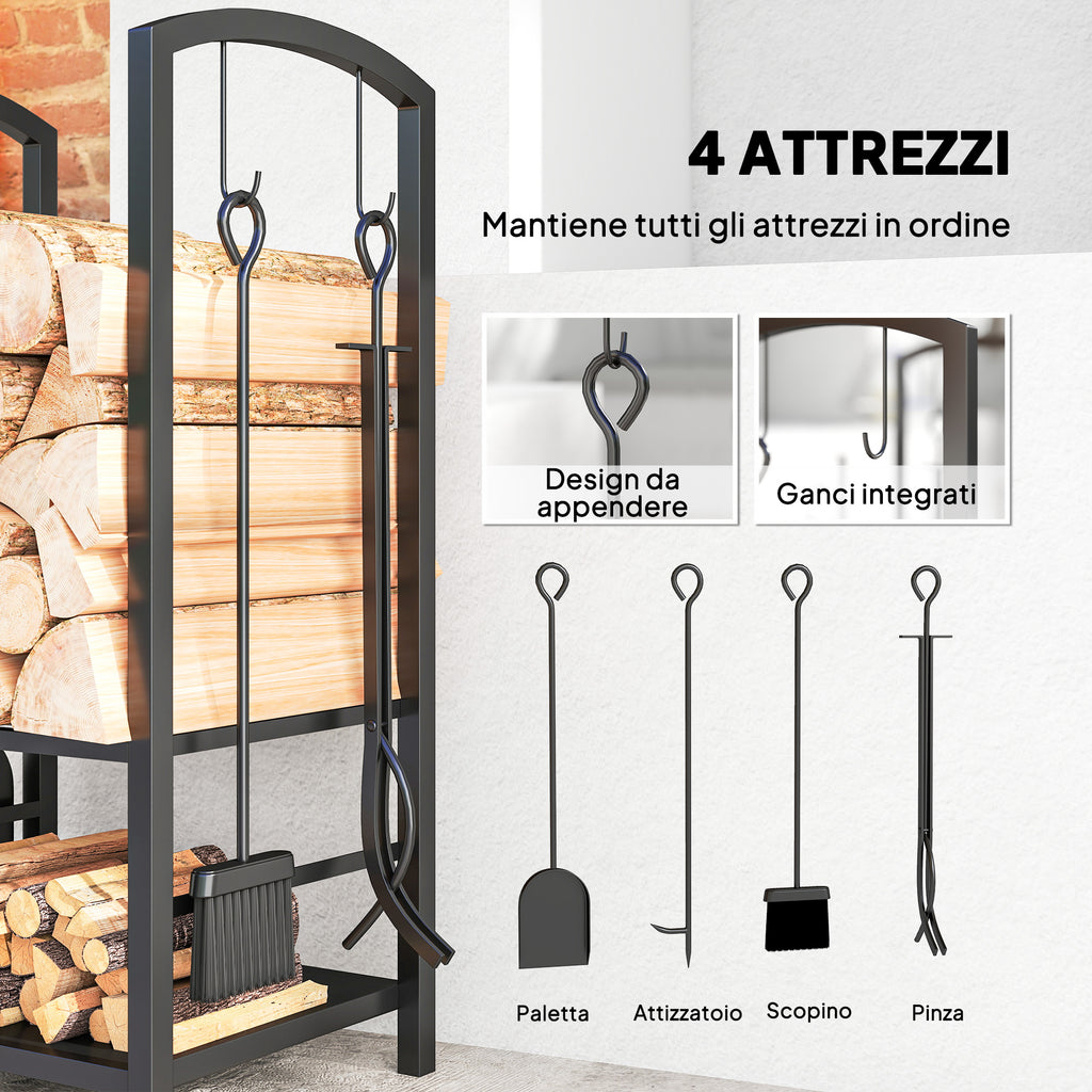 Portalegna con Attrezzi per Camino in Acciaio Nero