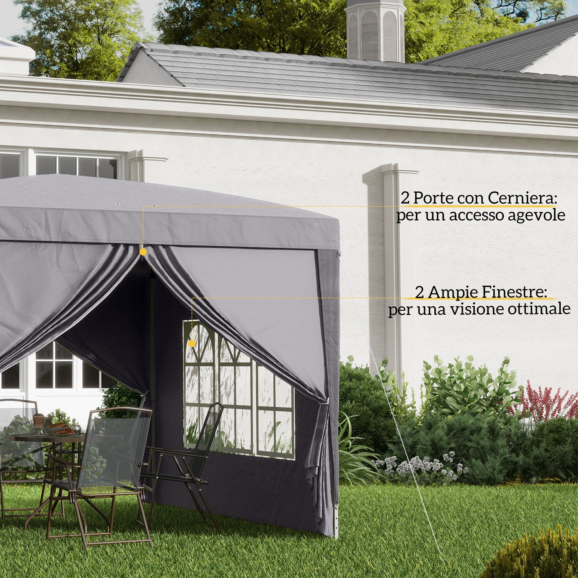 Gazebo Pieghevole da Esterno 3x3 m con 4 Pannelli Laterali Grigio