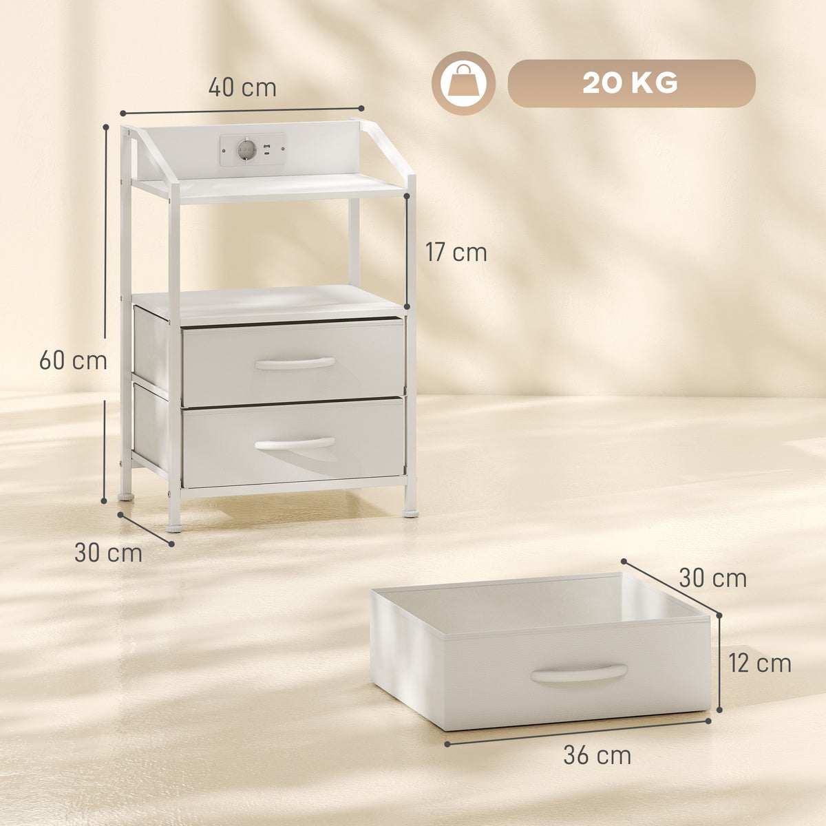 Set 2 Comodini Bianchi con Luci LED e Ricarica