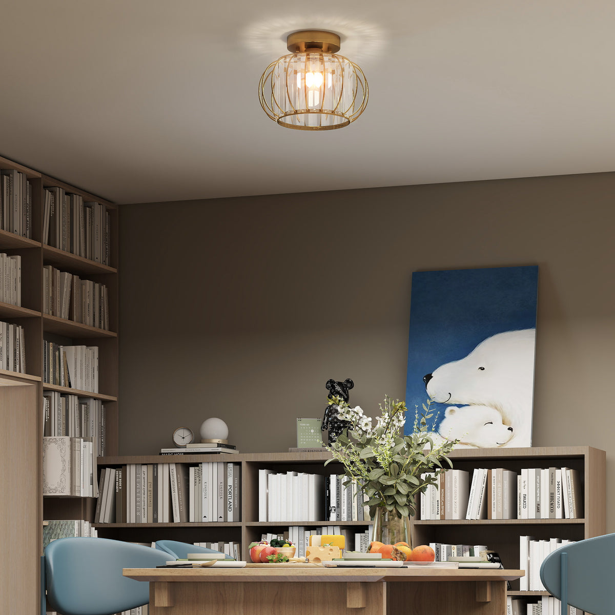 Plafoniera LED Oro con 18 Cristalli e Design a Gabbia