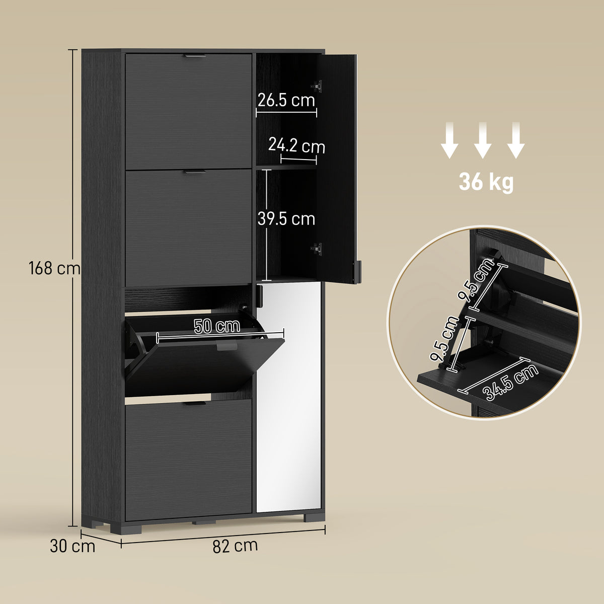 Scarpiera Nera con Specchio e 4 Cassetti Ribaltabili